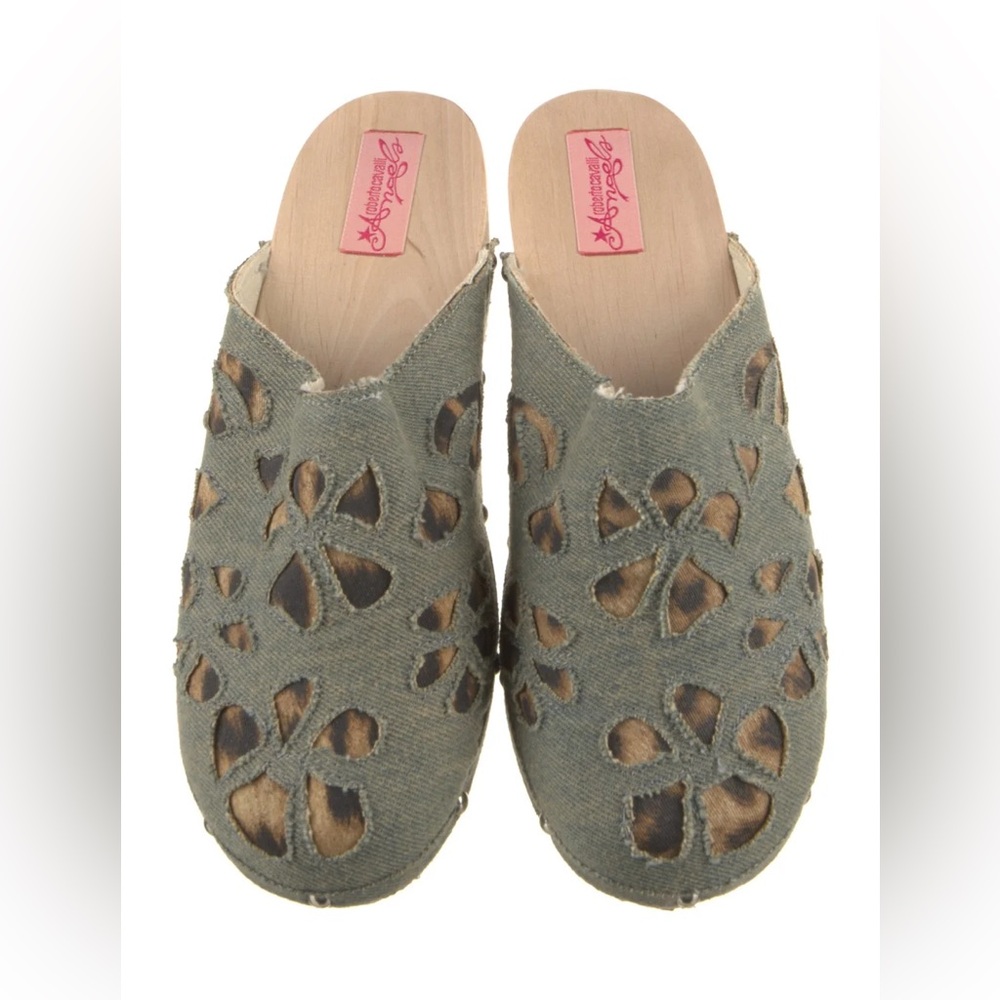Roberto Cavalli Denim Leopard Print Mules